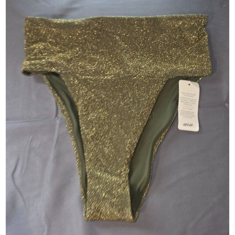 Aerie High Cut Cheeky Gold Glitter Swim Bathing Suit Bottom New XS
